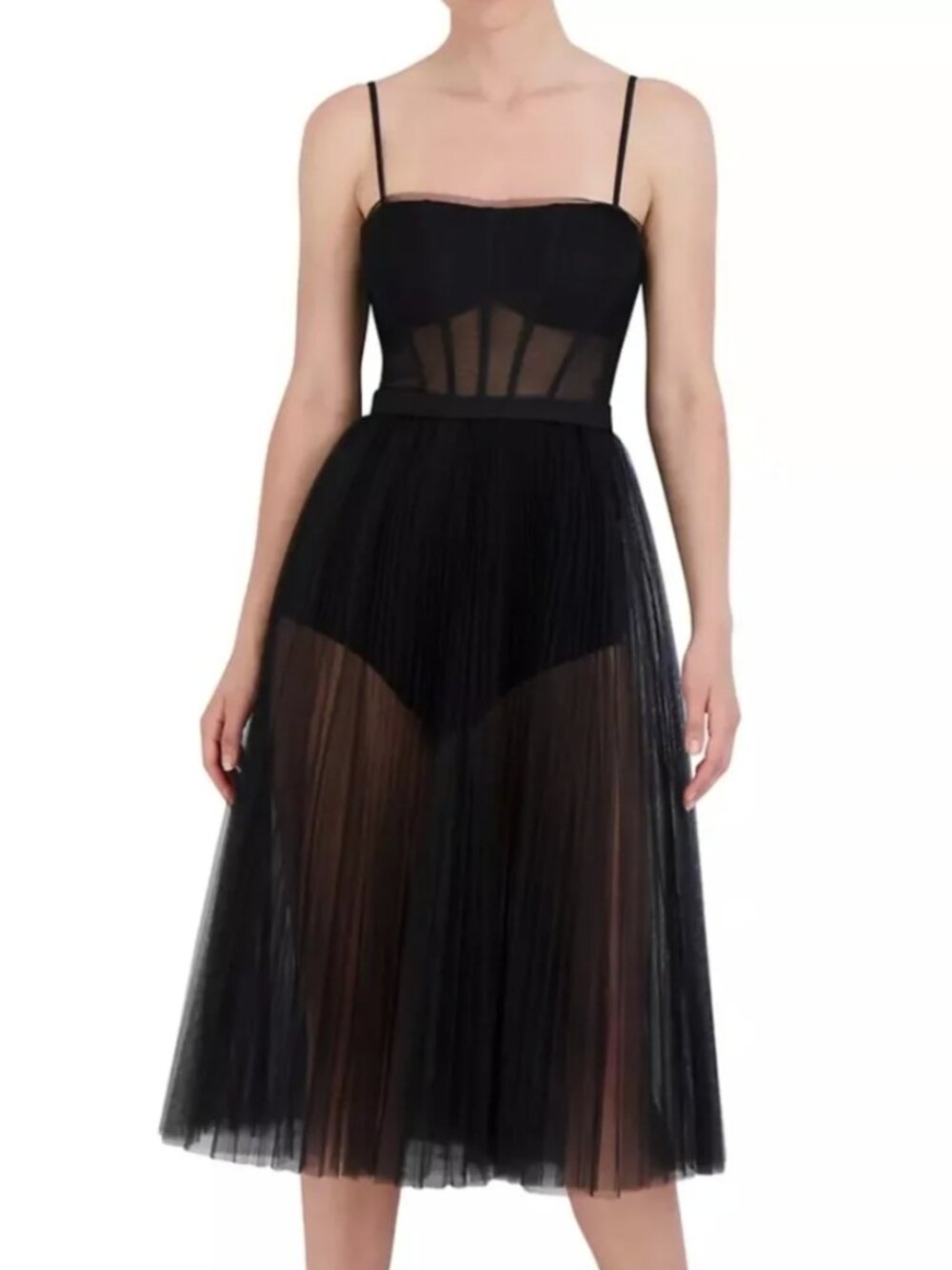 NWT BCBGMAXAZRIA BLACK SHEER CORSET MIDI DRESS MEDIUM - Picture 2 of 10